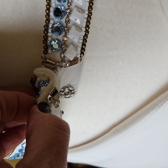 Size 6 white Sherri Hill gown with blue and bronze color tone beadwork - Picture 10 of 15